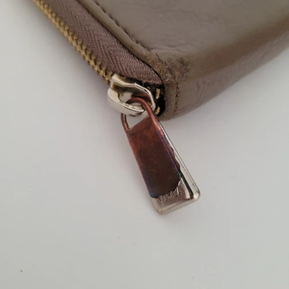Furla Zip Around Leather Wallet Taupe Black Colorblock Silver Logo Hardware